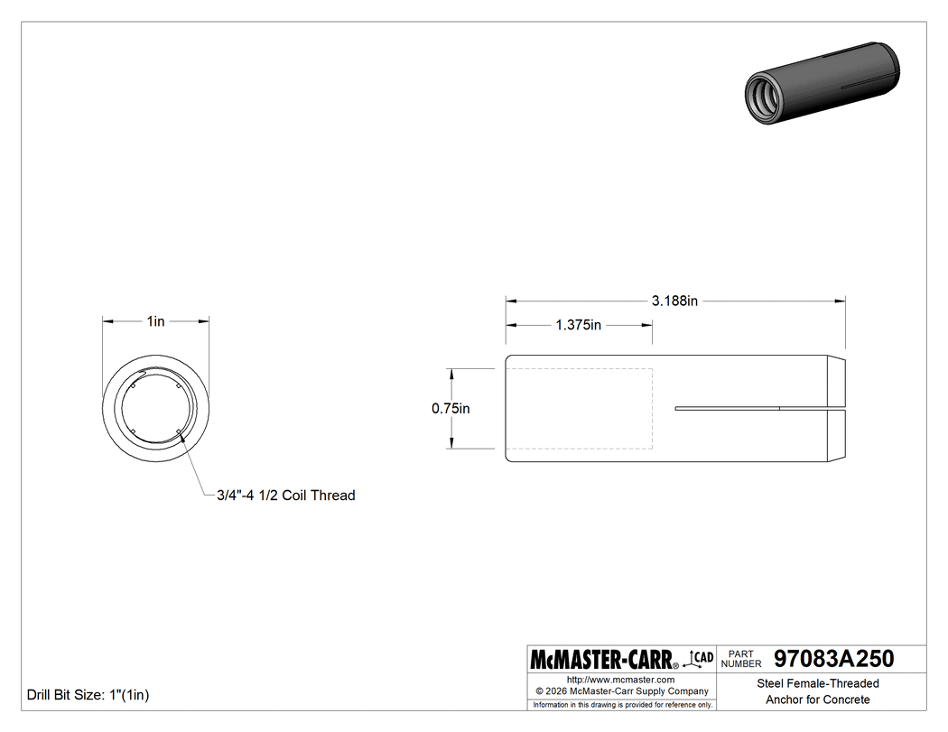 Technical Drawing of Steel Female-Threaded Anchor for Concrete, 3/4"-4-1/2 Size Coil Threads.